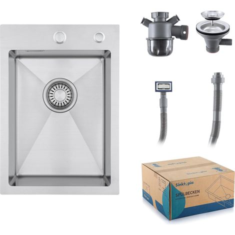 Evier Inox 1 Bac Avec Siphon Évier de Cuisine 2 Trou de Robinet 35×50 cm (1/5)