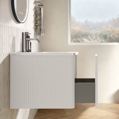 Plan vasque meuble bas salle de bain moderne, vasque pierre reconstituée, design strié, meuble suspendu 80 cm, coloris blanc, prémonté (1/5)