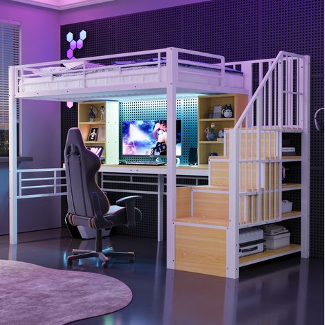 Lit mezzanine enfant 90x200cm, avec bureau et escalier de rangement réversible, prise européenne éclairage LED,style industriel,blanc (1/5)