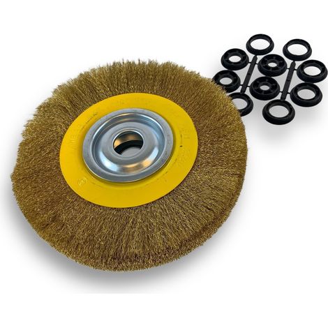 Brosse circulaire LAITON Ø 250 mm Epaisseur 3 rangs Fil souple 0.20 mm ondulé Alésage 32 mm + réducteur bague 25/22/20/16/12 mm Touret meuleuse affûteuse ponceuse Kibros 231253LV