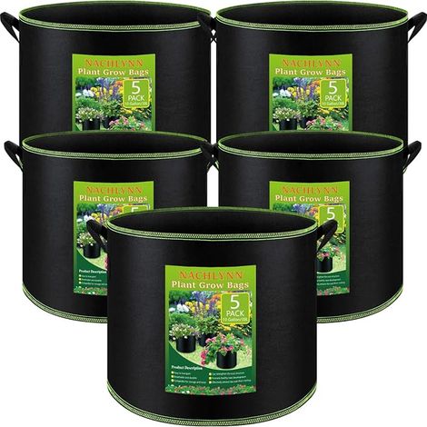 5 Pack 10 Gallon Grow Bags with Handles - Thickened Non-woven Fabric Pots with Heavy Duty Aeration for Plants or Fruits and Flowers (1/5)