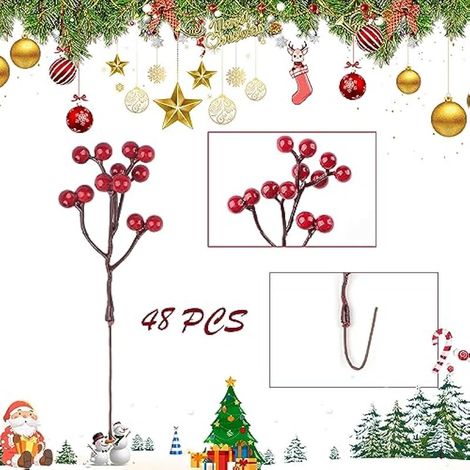 48 tiges de houx artificielles rouges de 18 cm pour la décoration de sapin de Noël et les fêtes de fin d'année (1/3)