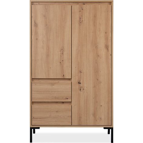 Buffet haut 2 portes 2 tiroirs 2 étagères H139 cm – Décor chêne artisan – Pieds en métal – Rangement optimisé pour intérieur (1/5)
