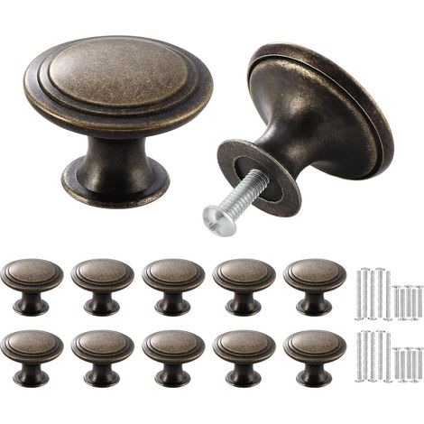 10 Pièces Bouton de Meuble Vintage, Bouton de Tiroir Bronze, 30 mm Ronds Poignee de Porte Cuisine, Chic Boutons de Portes en Alliage de Zinc avec Vis Assorties (1/5)