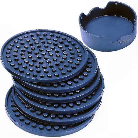 Lot de 6 sous-verres en silicone avec support, grand format, piège à condensation profond, respectueux des meubles, bleu marine (1/5)