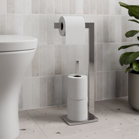Bathroom WC Square Floor Standing Chrome Toilet Roll Holder Modern Storage Tidy (1/3)