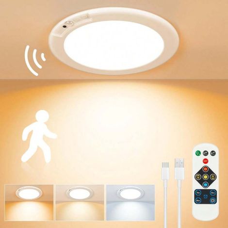Plafonnier LED de salle de bain avec détecteur de mouvement, batterie rechargeable sans fil, sans perçage, télécommande, convient aux salons et sous-sols, rond (1 pièce) [Classe énergétique F]