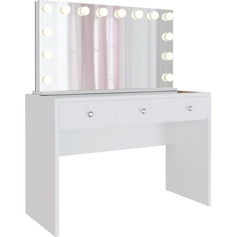 Tocador con espejo LED – 3 cajones con tapa de cristal puertos USB A y C – en madera blanca 100008626