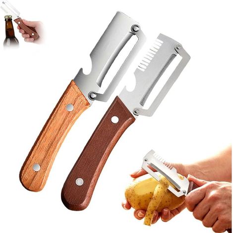 3 en 1 Éplucheur de légumes multifonction pour la cuisine avec lame en acier inoxydable ultra-aiguisée et manche en bois ergonomique, Râpe multifonction, avec Ouvre-Bouteille (Couper + éplucher) (1/5)
