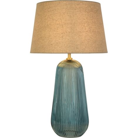 Searchlight Cameo Lampada da tavolo 1 luce, vetro blu con paralume in lino naturale (1/4)