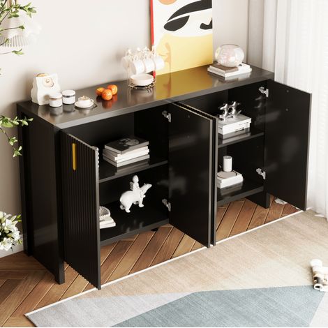 Aparador 140x38x80 cm negro en tablero de partículas con 4 puertas, estantes ajustables y tiradores dorados (1/5)