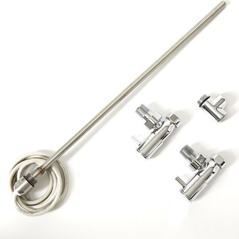 Milano - Chrome Heated Towel Rail Radiator Dual Fuel Electric Kit with Angled Valves&44 Simple Heating Element and T-Piece - 400W Element (1/3)