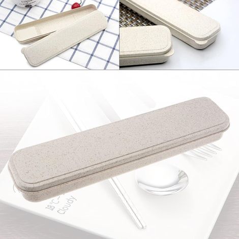 1pcs Reusable Utensils Wheat Straw Travel Cutlery Box, Portable Tableware Flatware Box for Picnic Camping (Beige) (1/5)