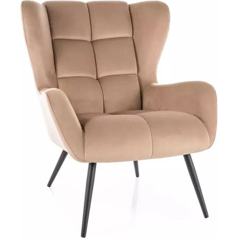 Fauteuil velours beige dossier capitonné confort hôtel pieds métal noir SUITE (1/5)