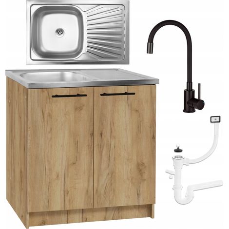 Meuble de cuisine 80x50 cm – Chêne doré – Ensemble avec évier en acier inoxydable et robinet flexible noir – Installation réversible
