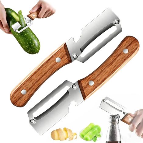 2 Éplucheurs Légumes Inox Lame Ultra-Aiguisée Manche Bois Ergonomique, Épluche Pomme de Terre Pomme Carotte sans Effort