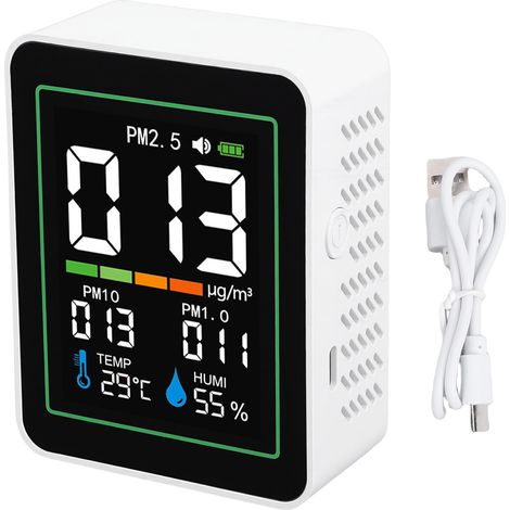Misuratore di qualità dell'aria interna 5 in 1, tester per la rilevazione di PM2.5, PM10 e PM1.0, temperatura e umidità, sensore di polvere a infrarossi intelligente e portatile. (1/5)