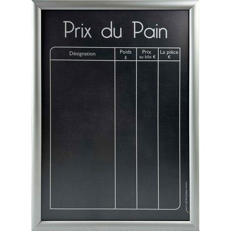 Cadre d'affichage aluminium gris avec adhésif "PRIX DU PAIN" format A2 (1/4)