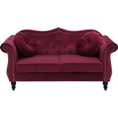 Sofa Burgunderrot Samtstoff 2-Sitzer Chesterfield Stil Retro Zierkissen Wohnzimmer