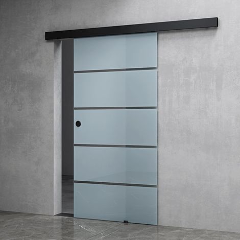 Mai & Mai Porta Scorrevole in Vetro 90x215cm, Porta Scorrevole con Sistema Softclose in Vetro Satinato 8mm in 5 Strisce con Binario e Maniglia Rotonda, Nero, Amalfi-plus 11H