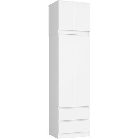Akord – Armoire surmeuble 60 cm 2 portes battantes – 2 tiroirs – 3 étagères – Panneau stratifié blanc – Hauteur 234 cm – Profondeur 51 cm