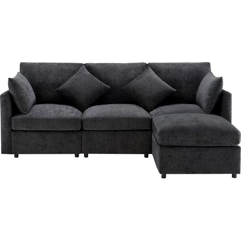 Canapé D'angle 216x161x81 Cm En Chenille Grise, Pouf Mobile Convertible En Chaise, 4 Places (1/5)