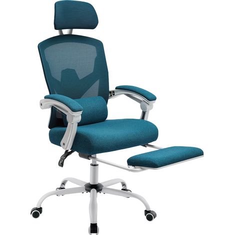 Ergonomique inclinable à dossier haut maille salon chaise de jeu à bascule bureau d'ordinateur pivotant roulant soutien lombaire oreiller-Bleu (1/5)