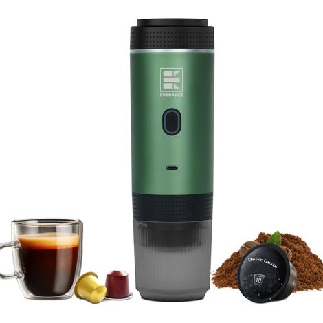 Machine à expresso électrique portable, cafetière de voyage pour le camping, cafetière à piles compatible avec le café moulu et les capsules, verte (1/5)