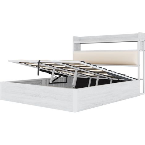 Cama con almacenaje 180 x 200 cm blanca, elevación hidráulica, cabecero acolchado y USB (1/5)