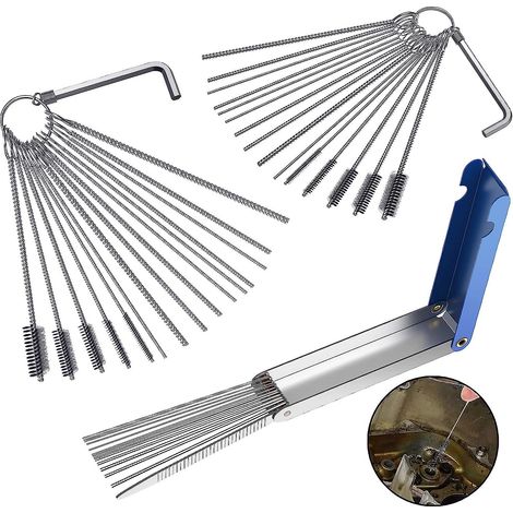 Kit de nettoyage de gicleurs de carburateur pour motos et quads - Comprend 20 aiguilles, 10 brosses et 2 clés hexagonales CRV (1/5)