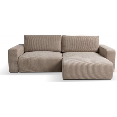 Tendencio – Canapé d’angle convertible 2 places – Velours côtelé taupe – Couchage 125 × 215 cm – Angle réversible – Coffre de rangement spacieux (1/2)