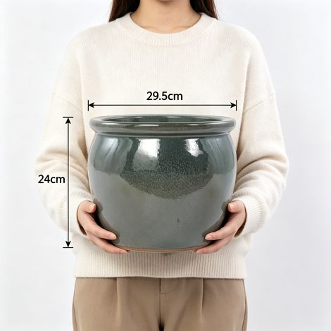 Pot de fleurs individuel en céramique artisanale (Ø 30 cm), bleu-vert antique brillant avec émail moucheté naturel, respirant, résistant au gel, avec trous de drainage pour balcon et terrasse. (1/4)