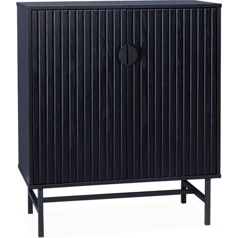 Buffet effet bois à rainures noires. buffet haut. vaisselier. deux portes et une étagère BAZALT 80cm (1/5)