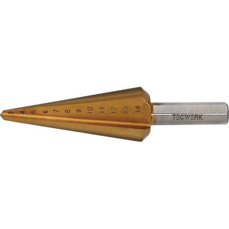 Broca cónica escalonada para chapa Broca 3-14mm HSS TiN Longitud total 58mm Z.2 TECWERK (1/3)