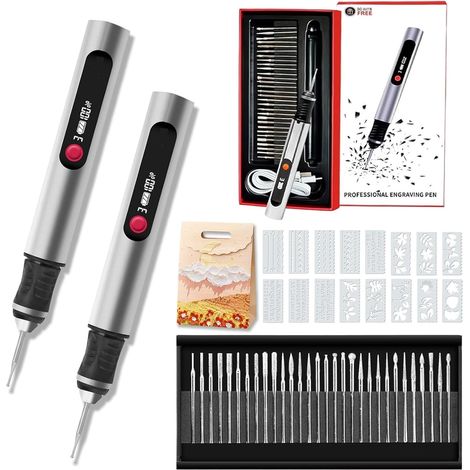 Gravion Pen, Stylo Graveur ÉlectriqueKit Complet de Gravure Électrique avec 30 Têtes De Et 5 Gabarits, Adapté aux Créations DIY sur Métal, Bois et Verre (2pc) 2pc - (1/5)