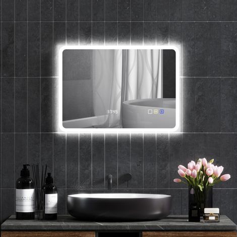 Miroir de salle de bain avec éclairage LED 70 x 50 cm, Bluetooth, 3 couleurs d'éclairage, horloge numérique, fonction antibuée et fonction mémoire. (1/5)