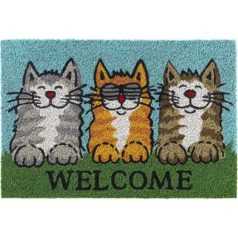 Tapis de porte en noix de coco « Chats bienvenus » - 40 x 60 cm
