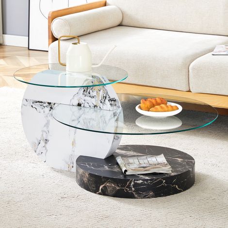 Table basse 90x70x44 cm noir et blanc – double plateau en verre sécurisé, MDF effet marbre MEUBLIV (1/5)