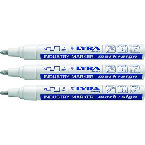 Lot de 3 marqueurs indélébiles blancs – Pointe ogive – Résistant à l'eau – Séchage rapide – Écriture sur surfaces lisses et poreuses – Lyra
