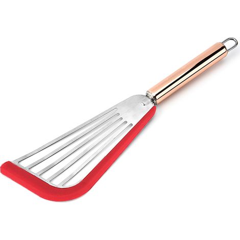 1 spatule en acier inoxydable ultra flexible avec dessus en silicone, spatule fendue à bord doux, poignée dorée (rouge)