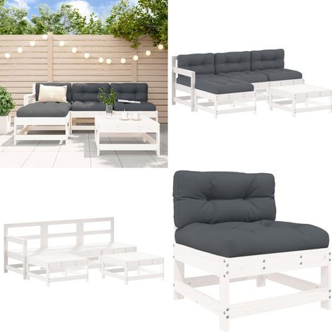 Juego de muebles jardín 5 piezas y cojines madera maciza blanco - Cojines para jardín - Muebles de exterior