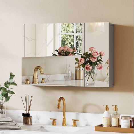 Mueble de baño mural con espejo, 3 puertas, estantes regulables, gris HAVRYA (1/4)