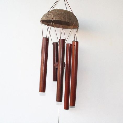 Carillon éolien en bois artisanat de jardin en coquille de noix de coco carillons éoliens en bambou avec son naturel marron (1/4)