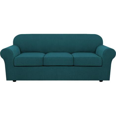 Housse De Canapé - 3 Places - Tissu Jacquard Élastique 85 Polyester 15 Spandex - Pour Canapé À Coussins Séparés - Vert Foncé - Lot De 4 Pièces