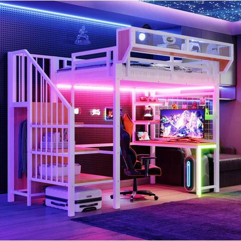 Lit mezzanine 90x200 cm avec bureau, rangements, LED et prise, en métal, blanc, sans matelas (1/5)