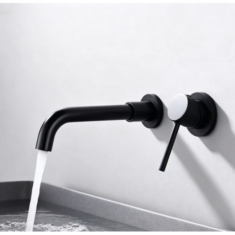 Robinet de Lavabo Encastrable Mural Noir Mat en Laiton - Mitigeur Chaud/Froid Bi-Matière Séparable à Bec Pivotant pour Vasque (1/3)