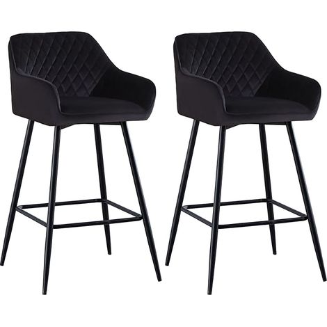 AINPECCA Set of 2 Velvet Barstools Fabric Upholstered seat with Backrest & Armrest Black Metal Legs Kitchen Breakfast Counter Chairs (Black velvet, 2 pcs)