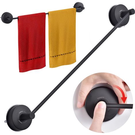 1 - Porte Serviette - Barre Inox - Support Mural Ventouse Sans Perçage - Pour Salle De Bain Et Cuisine - Noir Mat - 55cm (1/5)