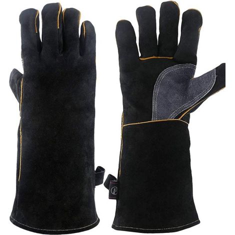 Guantes de soldadura de cuero de vaca resistentes al calor con protección para la muñeca, para chimenea, estufa de leña y barbacoa. (1/5)