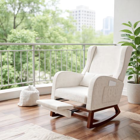 Skandinavischer Schaukelstuhl, Schaukelsessel mit ausziehbarer Fußstütze, Stillsessel mit Holzkufen und Armlehne, für Wohnzimmer, Garten und Terrasse, Samvelours Beige, 64 x 67 x 99 cm (1/5)